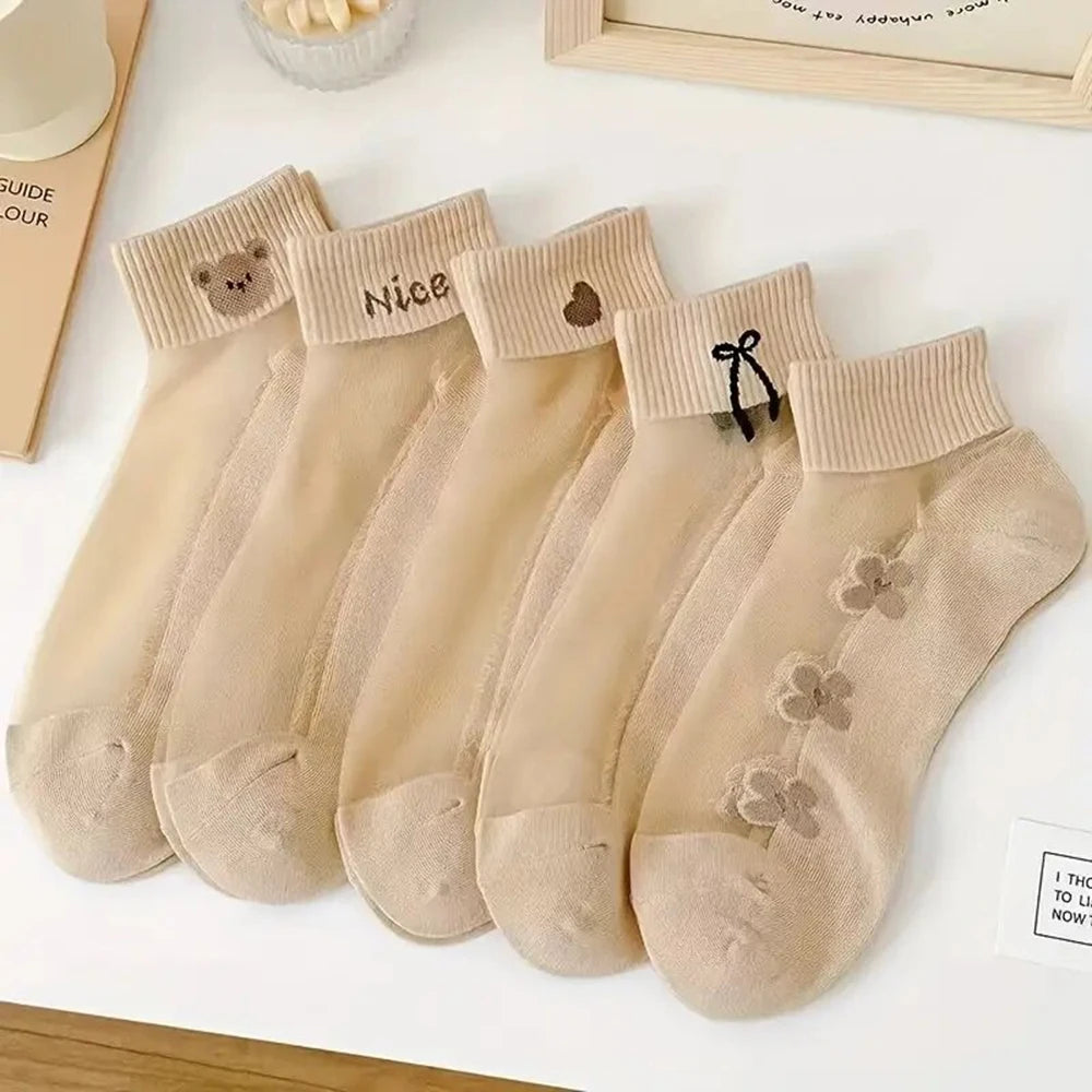 5/10/20 Pairs Women Cartoon Teddy Bear Patterned Ankle Socks Versatile Fashionable Creative Breathable Comfortable Casual Socks