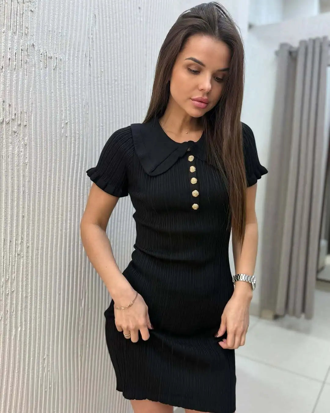 Elegant Knitted Dress Women's Vintage Ruffles Lapel Short Sleeve Bodycon Dresses Female Casual Summer White Yellow Pink Black