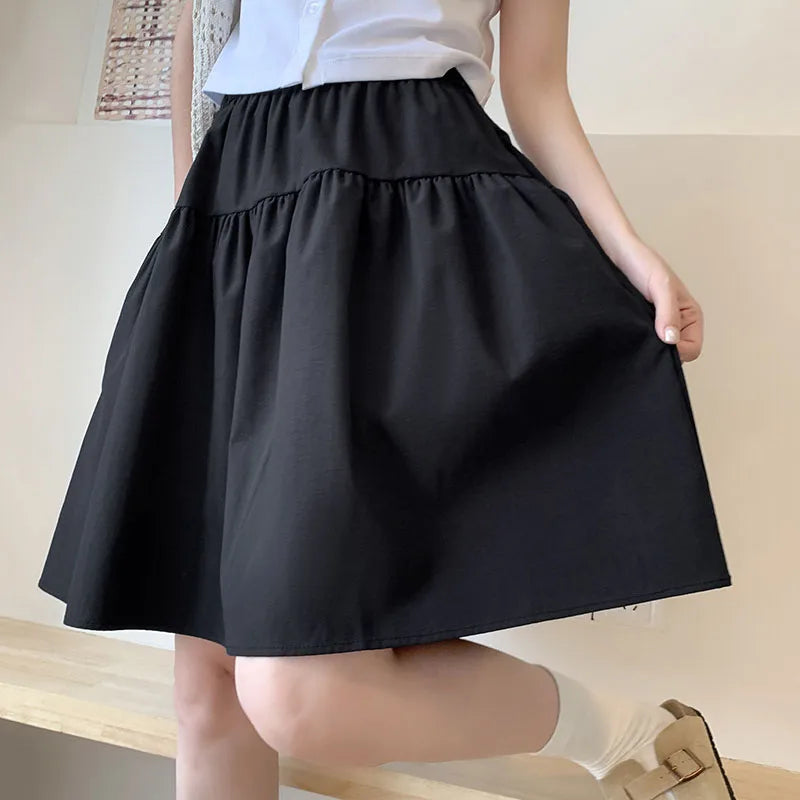 Japanese Style Loose Short Skirt Women College Style Elastic Waist with Pockets Student Skirts Girl All-Match Casual Solid Skirt