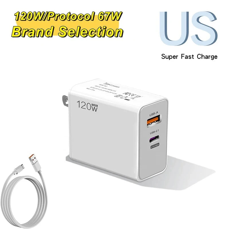 120W USB Fast Charger With Type C Cable Fast Charging Adapter For iPhone 16 Samsung Xiaomi Huawei PD Cell Phones Quick Charger