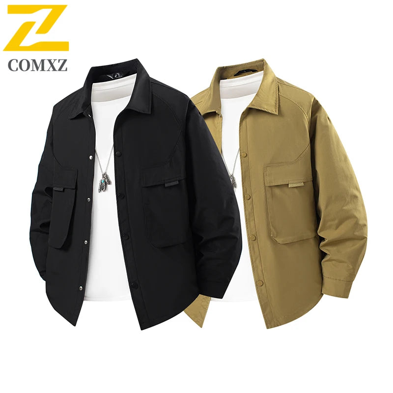 COMXZ Men Trendy Jacket 2025 Lapel Collar Outdoor Hiking Camping Durable Casual Gorpcore Coat Lightweight Windbreaker Autumn