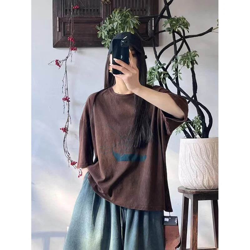 Masss Wasss 2025 Summer Fashion Tops Womens Printed Cartoon Loose O Neck T-shirts Females Classic Casual Vintage Cotton Clothes