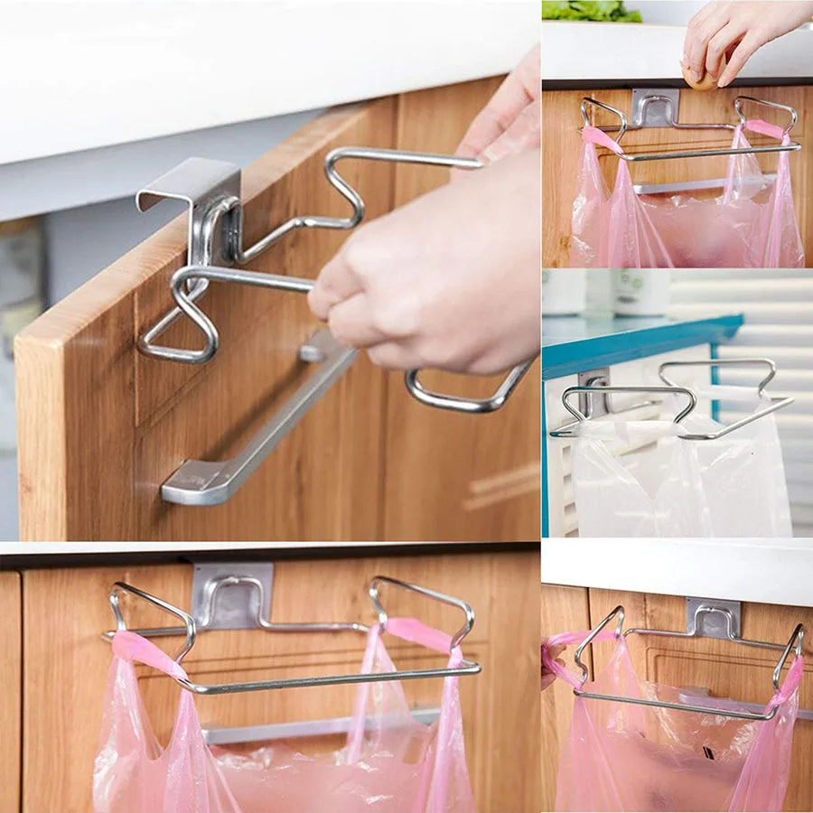 Kitchen Trash Rack Cabinet Door Garbage Bags Holder Stainless Steel Garbage Rack With Hanging Bracket Kitchen Gadgets garbagecan