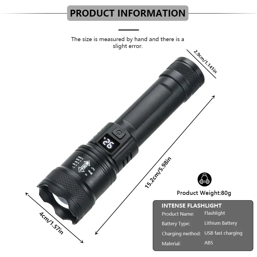 Tactical LED Flashlight 2000LM USB Rechargeable Waterproof Grade Zoom Torch Bright Portable Emergency Light for Camping Outdoor