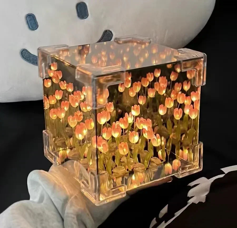 DIY Tulip Mirror Cube Lamp Flower Table Lamp Handmade Romantic Valentine's Day Lamp Tulips Home Decorations Gift for Girlfriend