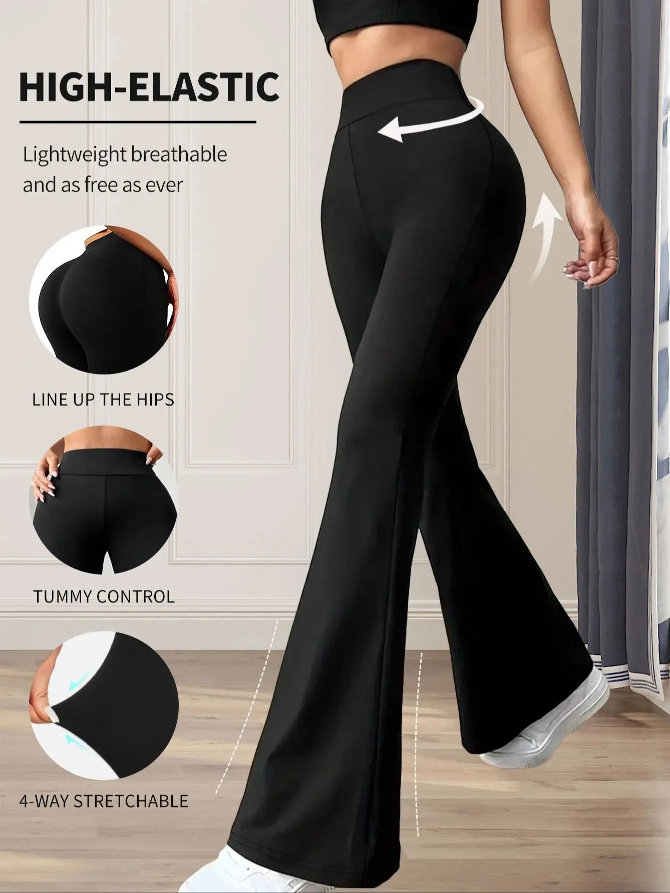 Women's spring and summer high waisted tight fitting flared pants, slim leg long black pants, thin wide leg pants for slim women