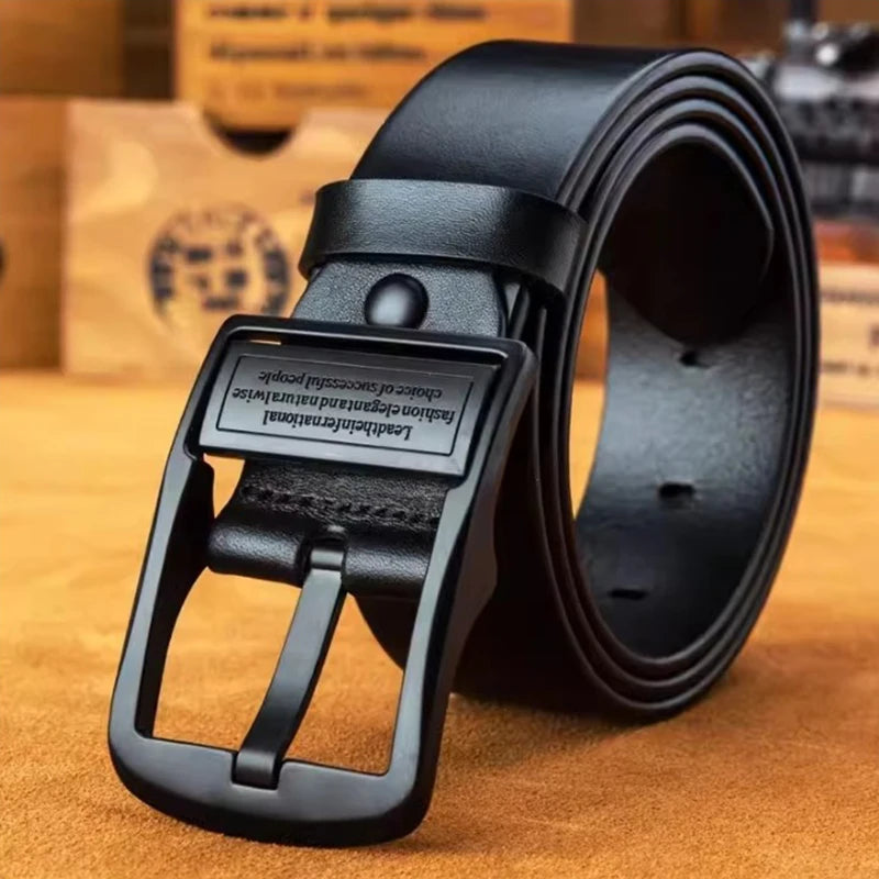 Men's leather belt, black buckle, new style, fashionable, trendy, light luxury, casual, versatile, suitable for jeans, pin buckl