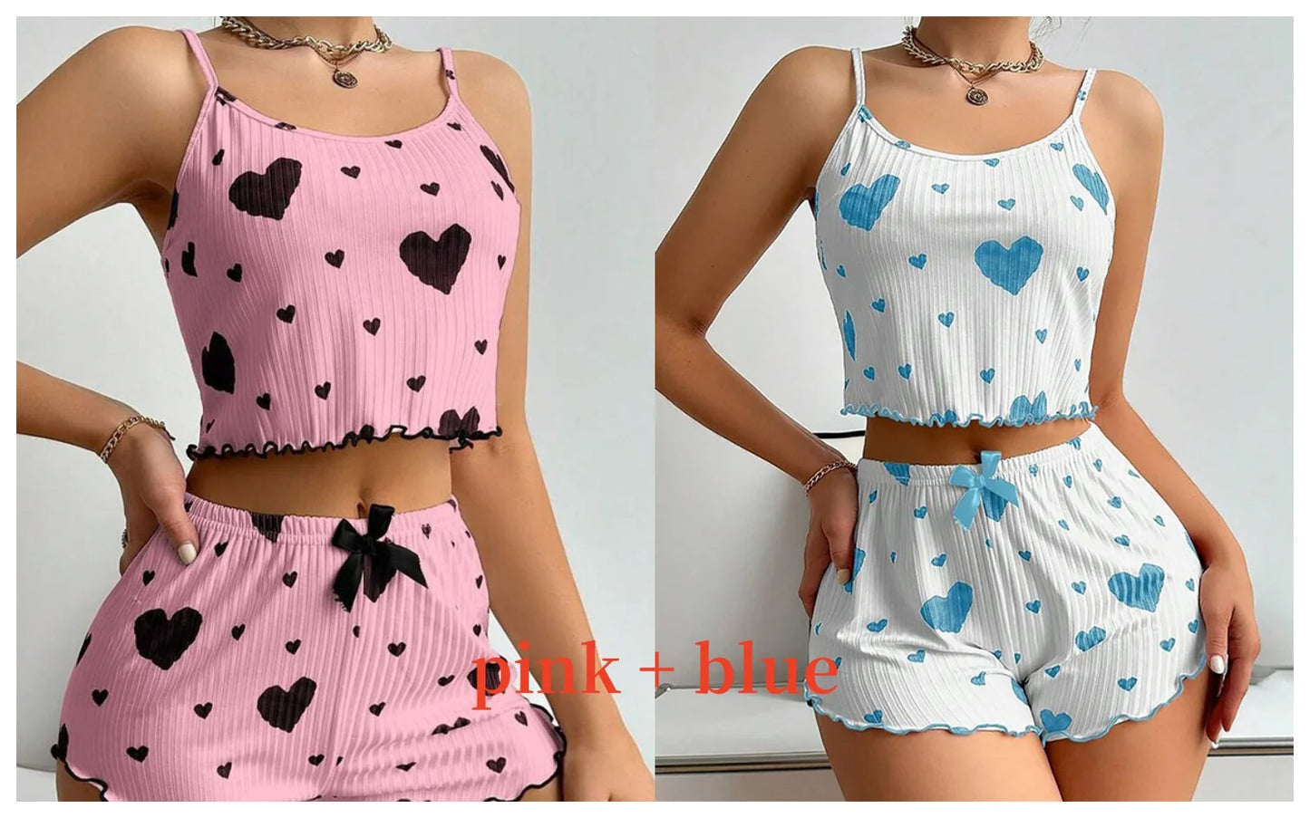 Women’s 2PCS Heart Print Pajama Set, Sleeveless Crop Top and Shorts, Soft Comfy Sleepwear Loungewear for Summer Nightwear