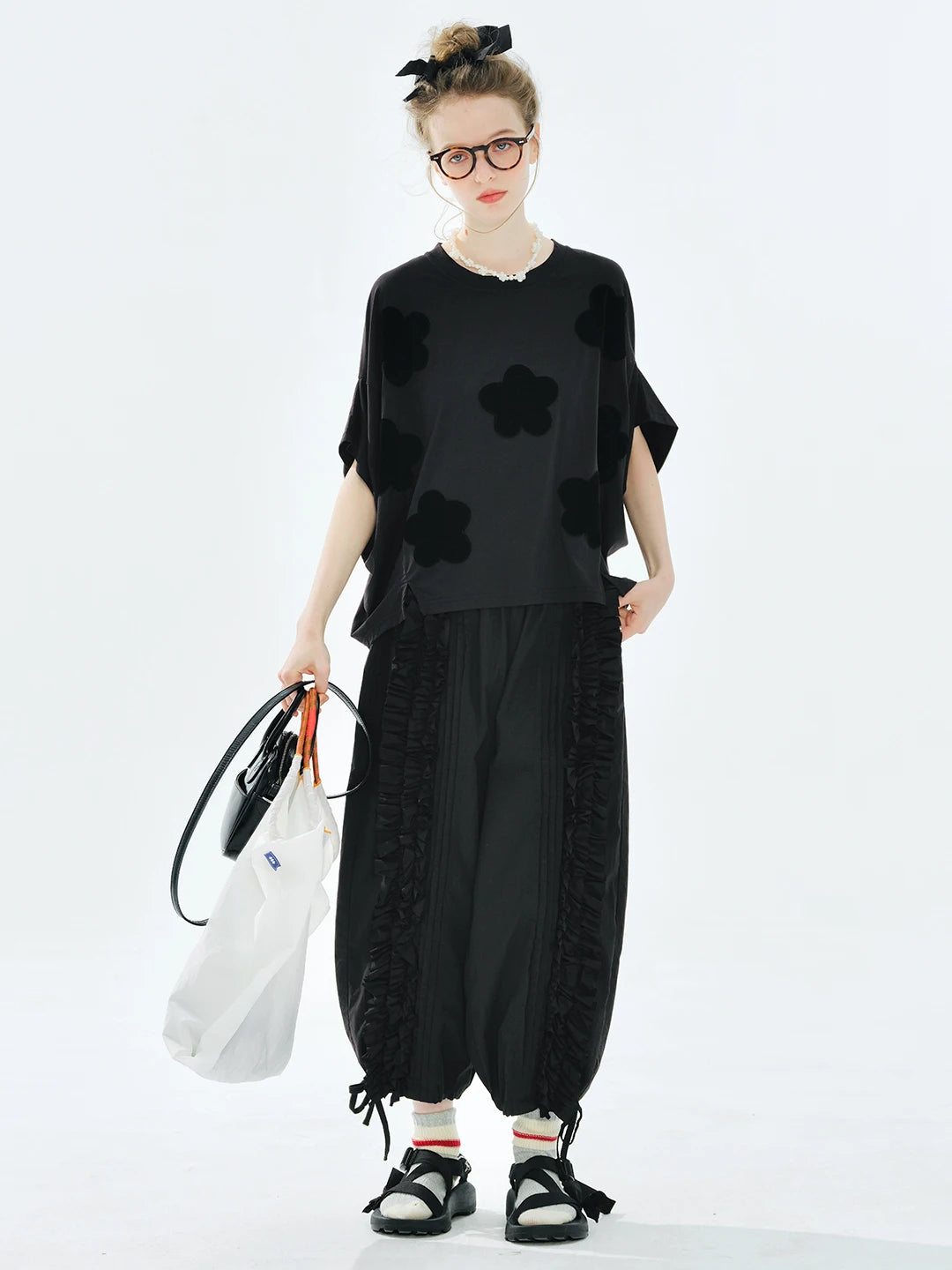 Women's Black Top Short Sleeve Round Neck Floral Applique Loose Fit Irregular Hem Casual Daily Wear Comfort Styling 255075