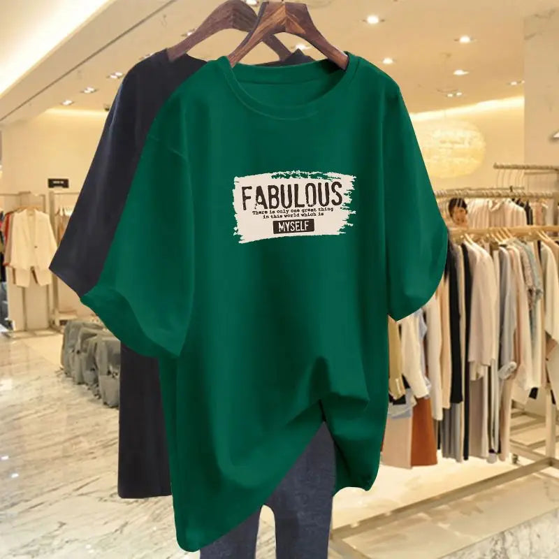 Summer Elegant Fashion Pure Cotton Basic T-shirts Women Casual Loose O-neck Short Sleeve Top Tee Letter Print Pullovers 45-105Kg