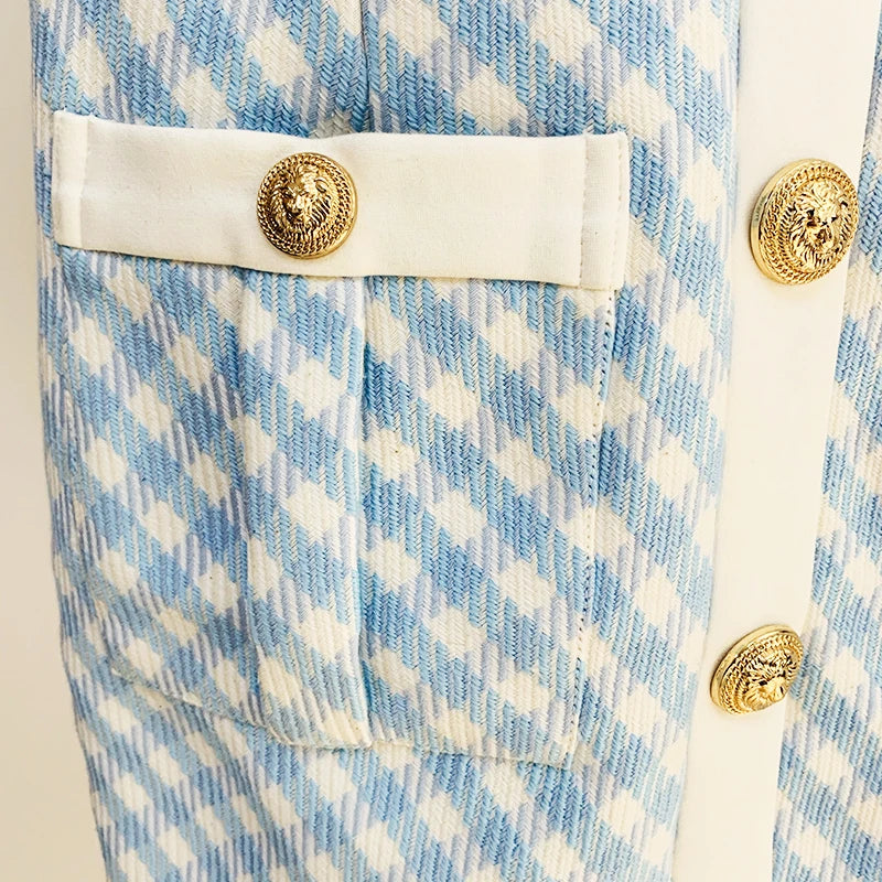 HIGH STREET Newest Fashion 2025 Fall Winter Designer Women's Short Sleeve Lion Buttons Color Block Plaid Tweed Dress