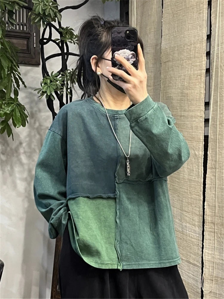 Amax luluE Womens Fashion Patchwork Harajuku Tops 2025 Spring Korean Style Ladies Loose Leisure T-Shirts Vintage Classic Clothes