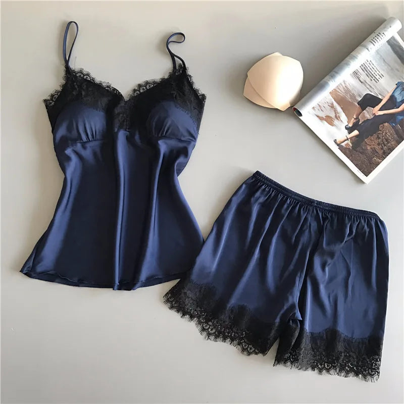 Women Pajama Suit Fashion V-Neck Stretch Satin Babydoll Lace Sexy Lingerie Pyjamas Sleep Shorts Set Sleepwear New