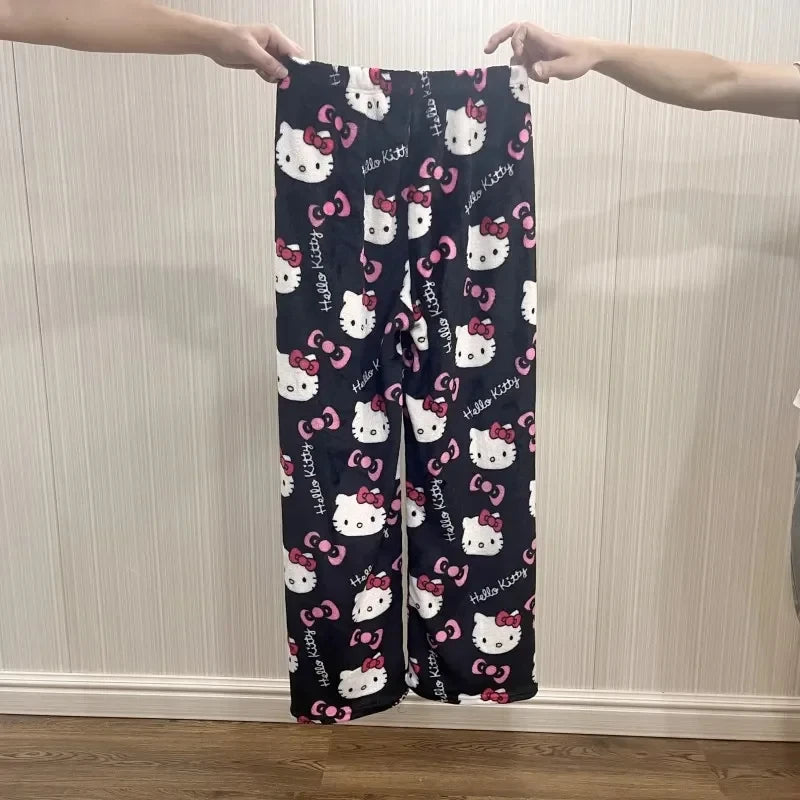 Sanrio Hello Kitty Anime Y2k Kawaii Flannel Pajamas Women'S Warm Woolen Cartoon Casual Home Pants Autumn Winter Fashion Trousers