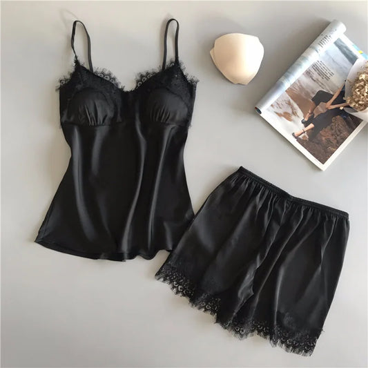 Women Pajama Suit Fashion V-Neck Stretch Satin Babydoll Lace Sexy Lingerie Pyjamas Sleep Shorts Set Sleepwear New