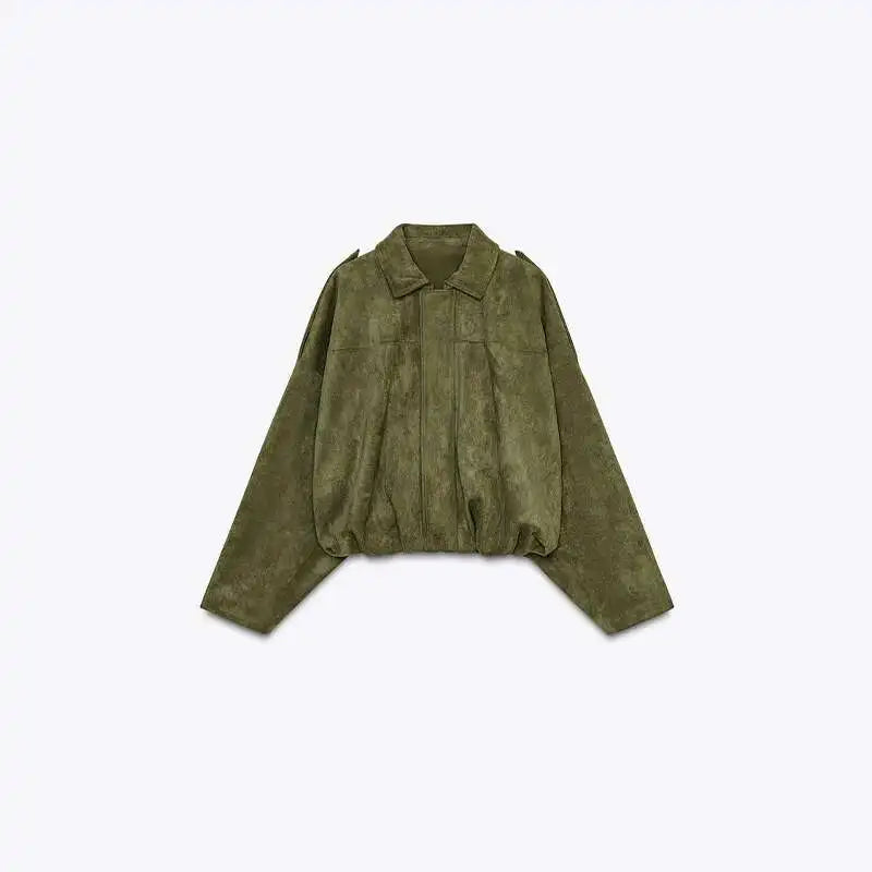 Suede Casual Jacket Women Zipper Turn-Dwon Collar Oversized Long Sleeve 2025 Spring Coat Female Green Street Lady Outwear Tops