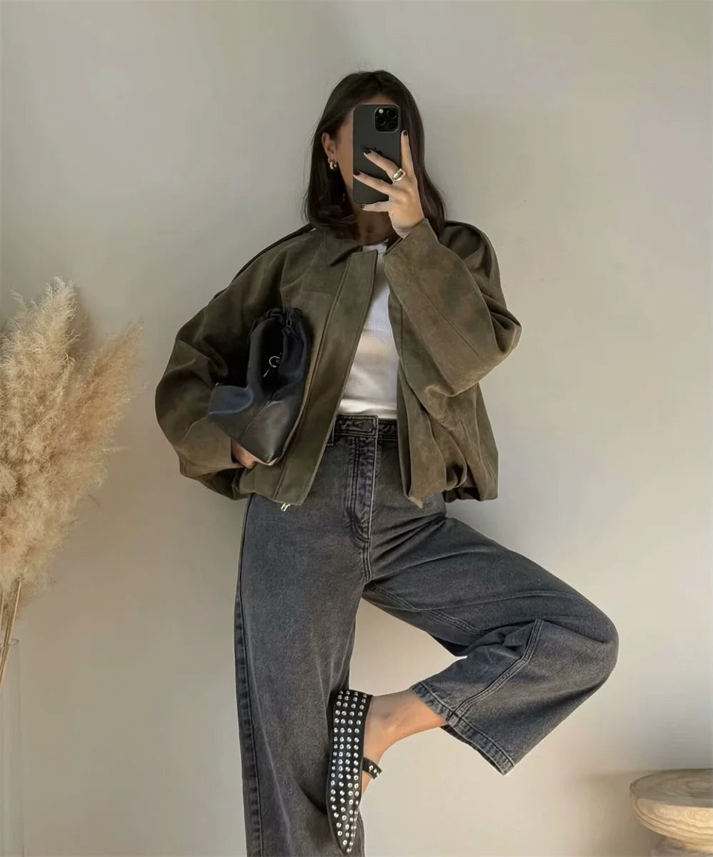 Women's Army Elegant Bomber Jackets Coats Fashion Turn-down Collar Long Sleeve Loose Coats Vintage Female Outerwear Chic Tops