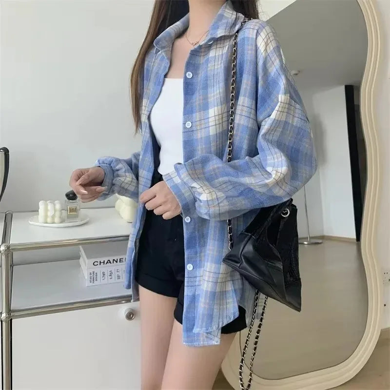 Plaid Shirt Women Fashion Autumn Long Sleeve Top Female Vintage Single Breasted Blouse Ladies Preppy Style Loose Check Shirts