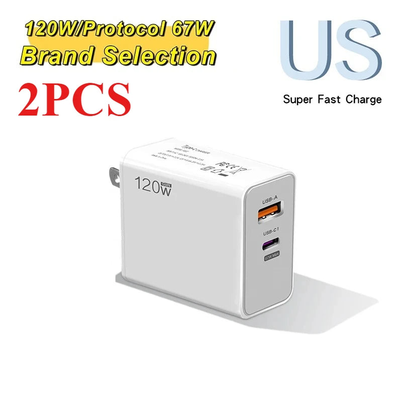 120W USB Fast Charger With Type C Cable Fast Charging Adapter For iPhone 16 Samsung Xiaomi Huawei PD Cell Phones Quick Charger