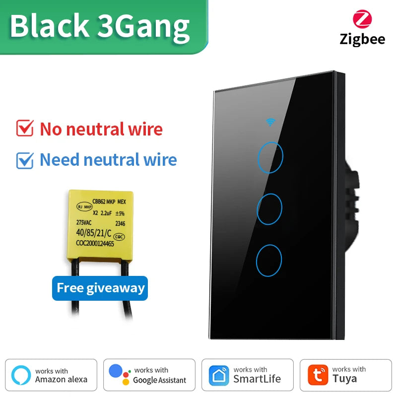 Tuya US WiFi+Bluetooth Smart Switches No Neutral Wire Required 1/2/3/4 Gang Light WiFi Touch Switch Work with Alexa Google Home