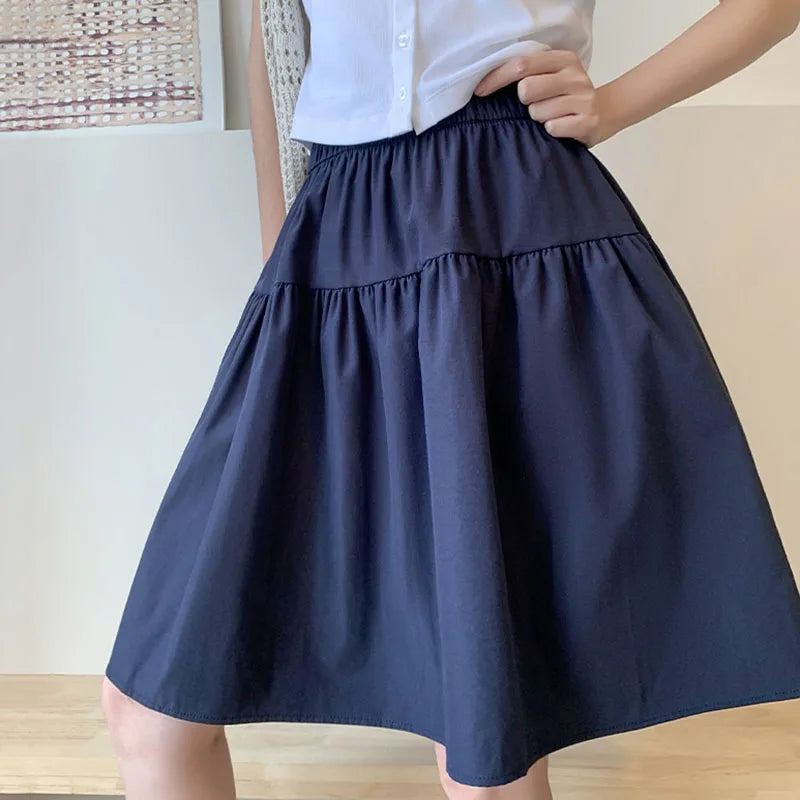 Japanese Style Loose Short Skirt Women College Style Elastic Waist with Pockets Student Skirts Girl All-Match Casual Solid Skirt