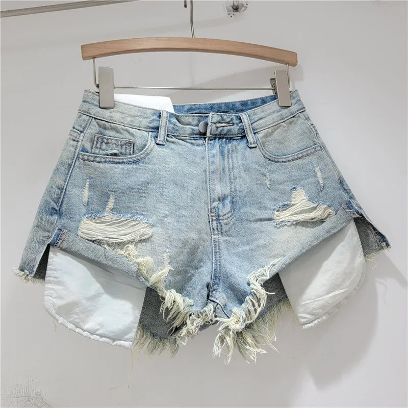 2025 Summer New Light Color Perforated Design Denim Shorts Women's Wide Legs Slim Fashion Ragged Edge A-line Ropa Mujer