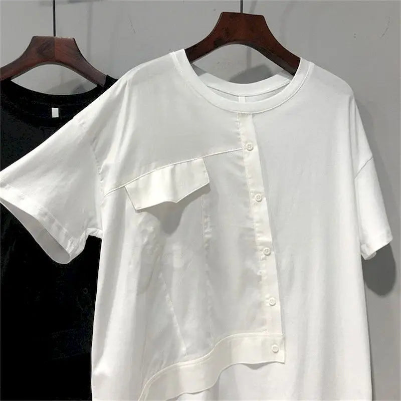 Unique Chic T Shirt Women Fashion Patchwork Design Short Sleeve T-shirt Casual Loose Niche Button Design Top Summer Trend Tshirt