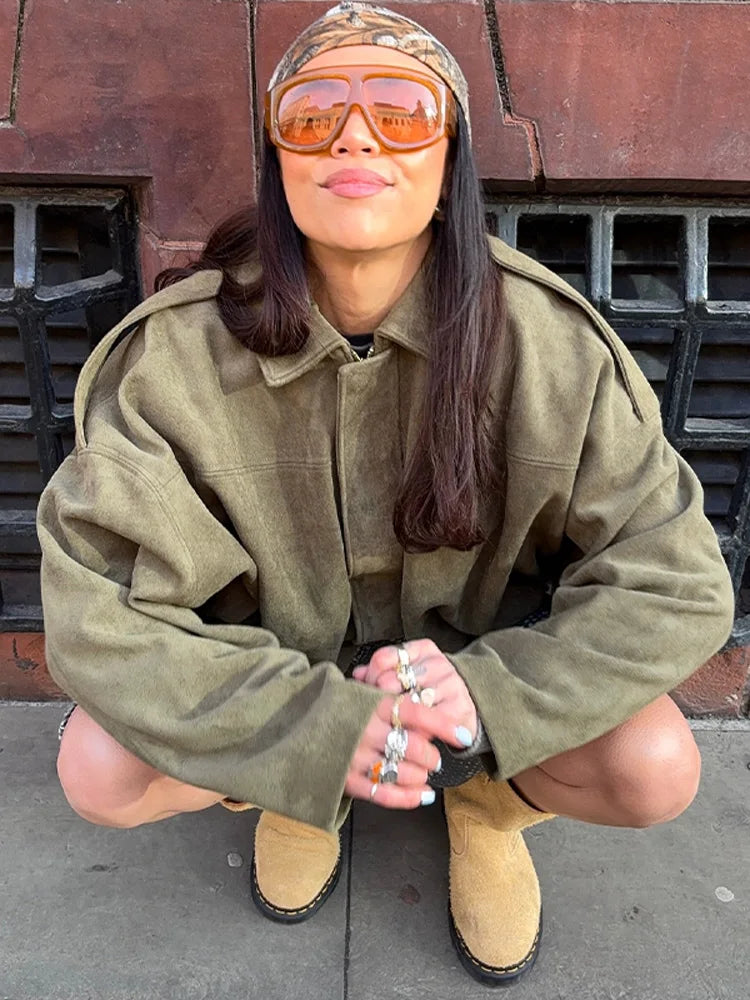Suede Casual Jacket Women Zipper Turn-Dwon Collar Oversized Long Sleeve 2025 Spring Coat Female Green Street Lady Outwear Tops