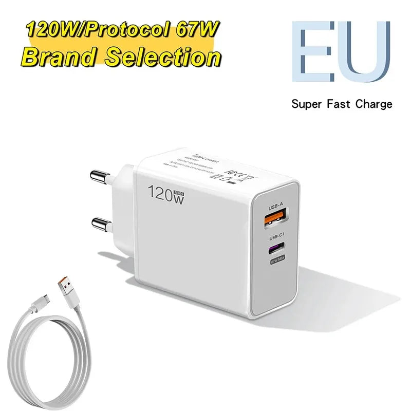 120W USB Fast Charger With Type C Cable Fast Charging Adapter For iPhone 16 Samsung Xiaomi Huawei PD Cell Phones Quick Charger