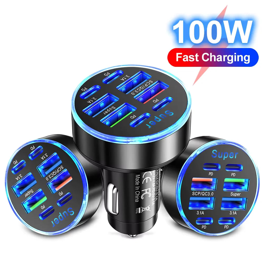 250W PD Car Charger QC3.0 Fast Charge One to Six Car Cigarette Lighter Plug 5 Port Car Charger Flash Charge with Digital Display
