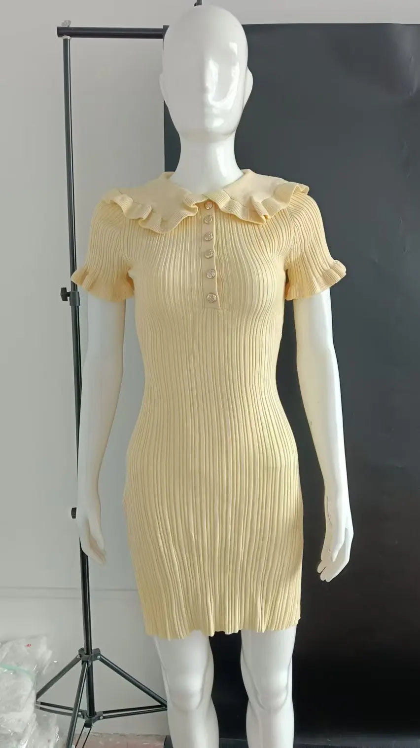 Elegant Knitted Dress Women's Vintage Ruffles Lapel Short Sleeve Bodycon Dresses Female Casual Summer White Yellow Pink Black