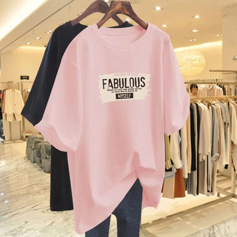 Summer Elegant Fashion Pure Cotton Basic T-shirts Women Casual Loose O-neck Short Sleeve Top Tee Letter Print Pullovers 45-105Kg