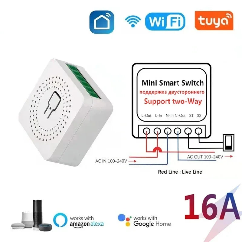 16A Tuya WiFi Smart Switch 2-way Control Mini Smart Breaker  Timer Relay Work With Smart Life Alexa Google Home Alice