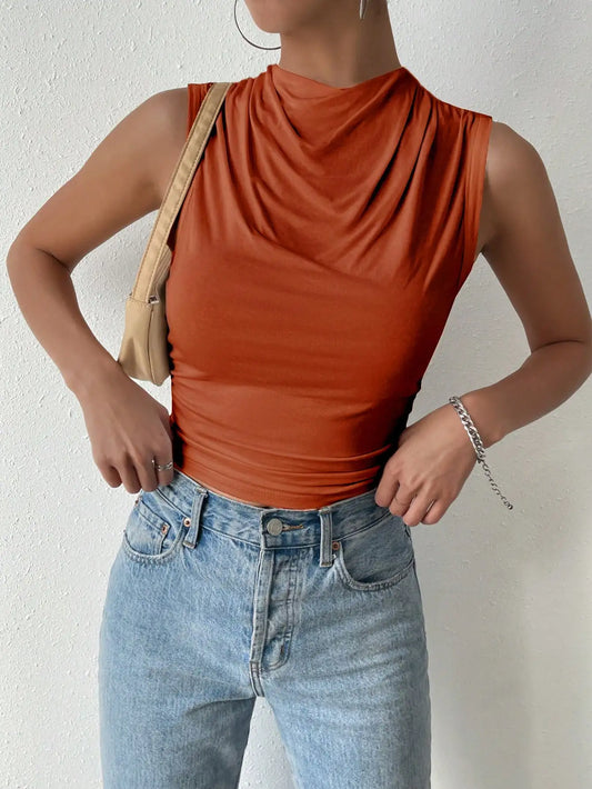 Women's Casual Pleated Design Top Summer Fashion Street Style Solid Color Slim Half High Neck Sleeveless T-Shirt Top