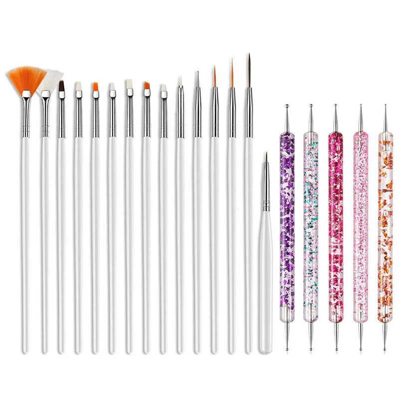 5/20Pcs Nail Art Brush Design Tip Painting Drawing Carving Dotting Pen FlatFan Liner Acrylic Gel UV Polish Manicure Tools