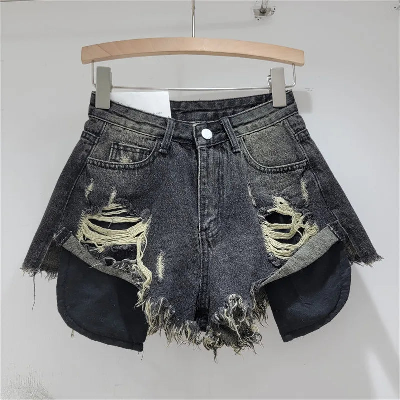 2025 Summer New Light Color Perforated Design Denim Shorts Women's Wide Legs Slim Fashion Ragged Edge A-line Ropa Mujer