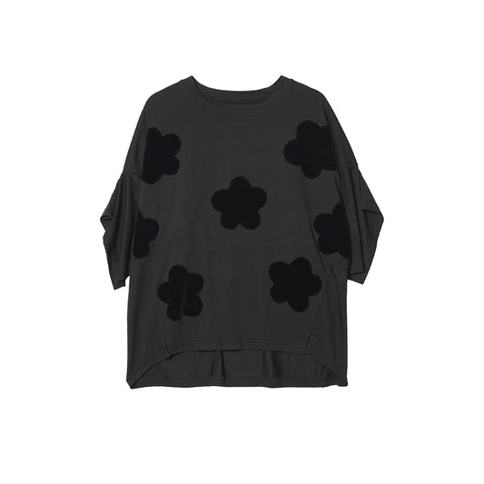 Women's Black Top Short Sleeve Round Neck Floral Applique Loose Fit Irregular Hem Casual Daily Wear Comfort Styling 255075
