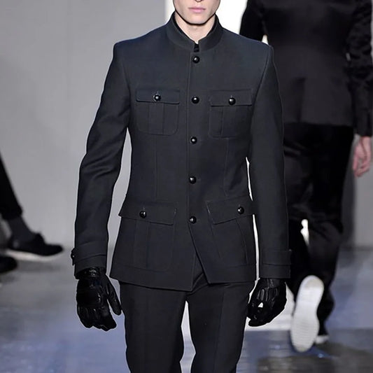 Black Single Breasted Round Neck Men Suit Two Pieces(Jacket+Pants) Outfits Chic Casual Party Prom Wedding Set