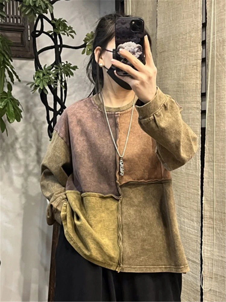 Amax luluE Womens Fashion Patchwork Harajuku Tops 2025 Spring Korean Style Ladies Loose Leisure T-Shirts Vintage Classic Clothes