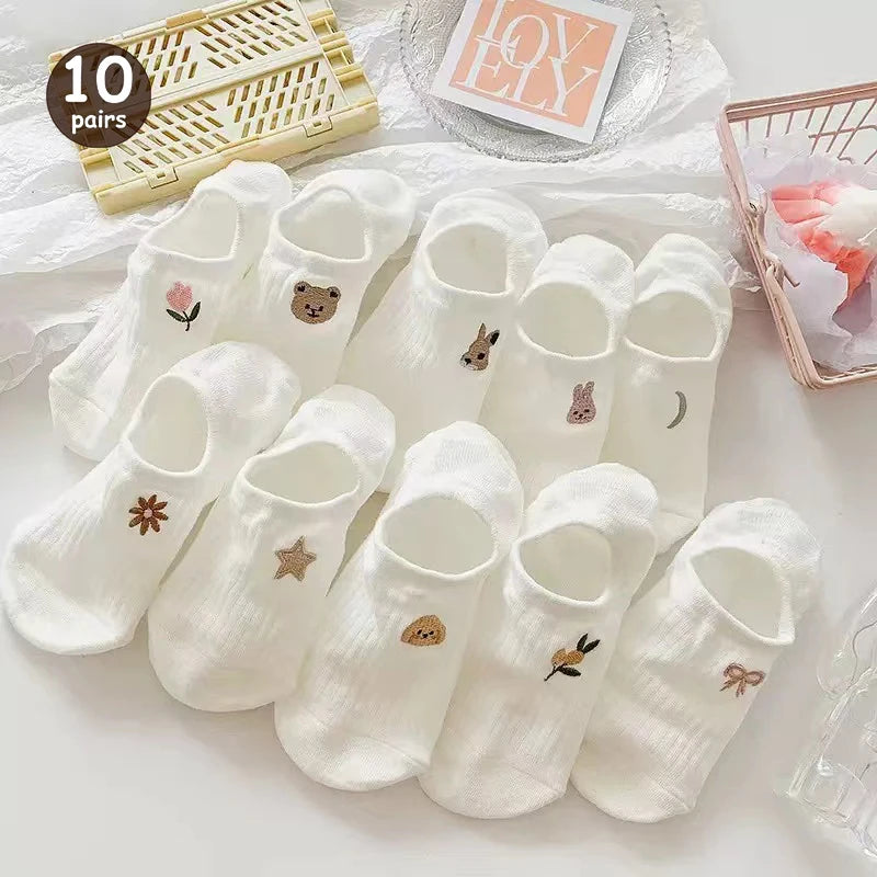 5/10/20 Pairs Women Cartoon Teddy Bear Patterned Ankle Socks Versatile Fashionable Creative Breathable Comfortable Casual Socks