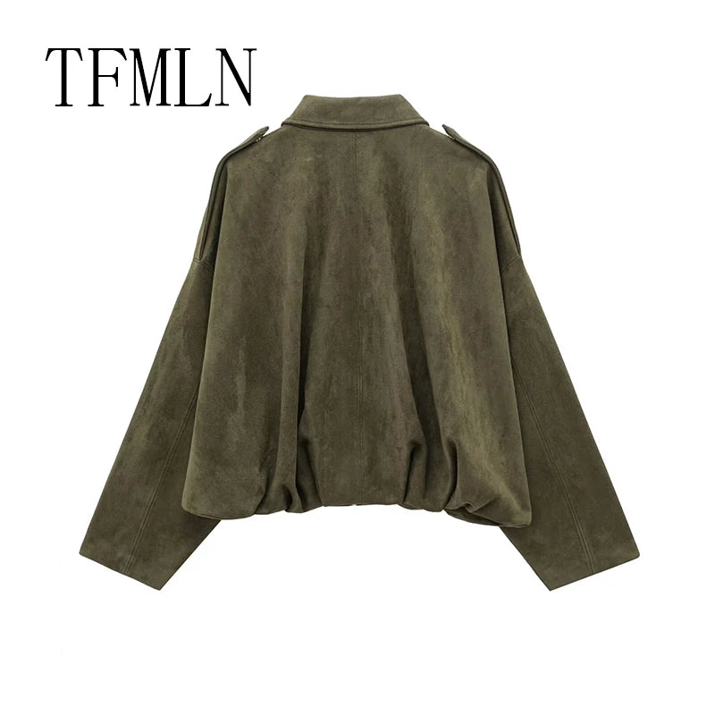 TFMLN New Fashion Suede Fabric Women Bomber Jackets 2025 Causal Long Sleeve Zipper Loose Coats Cropped Jacket Outwear