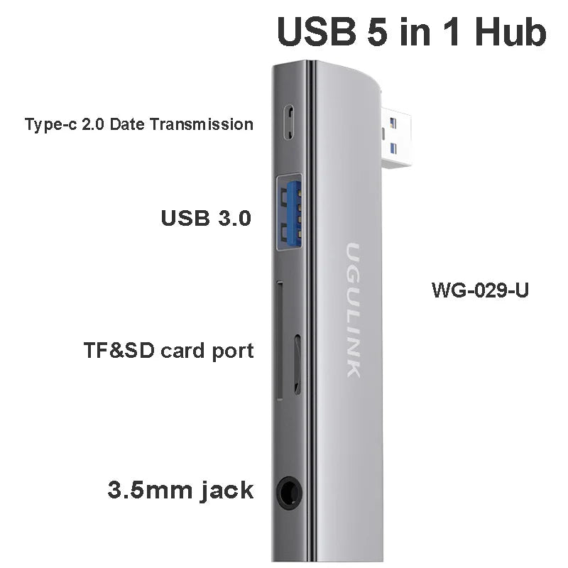 90 Degree Type-C USB 3.0 6 in 1 Hub  to PD60W  TF/SD 3.5mm Jack Adapter Cables Card Read For Samsung Xiaomi Huawei iphone 15 pro