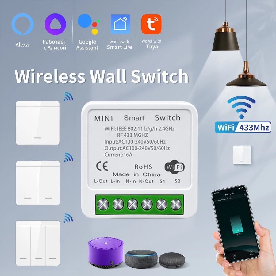 Wifi RF 433MHz Smart Switch Tuya Smart Life Alexa Google Alice Voice Control Remote Wireless Wall Panel Module for Led Lighting