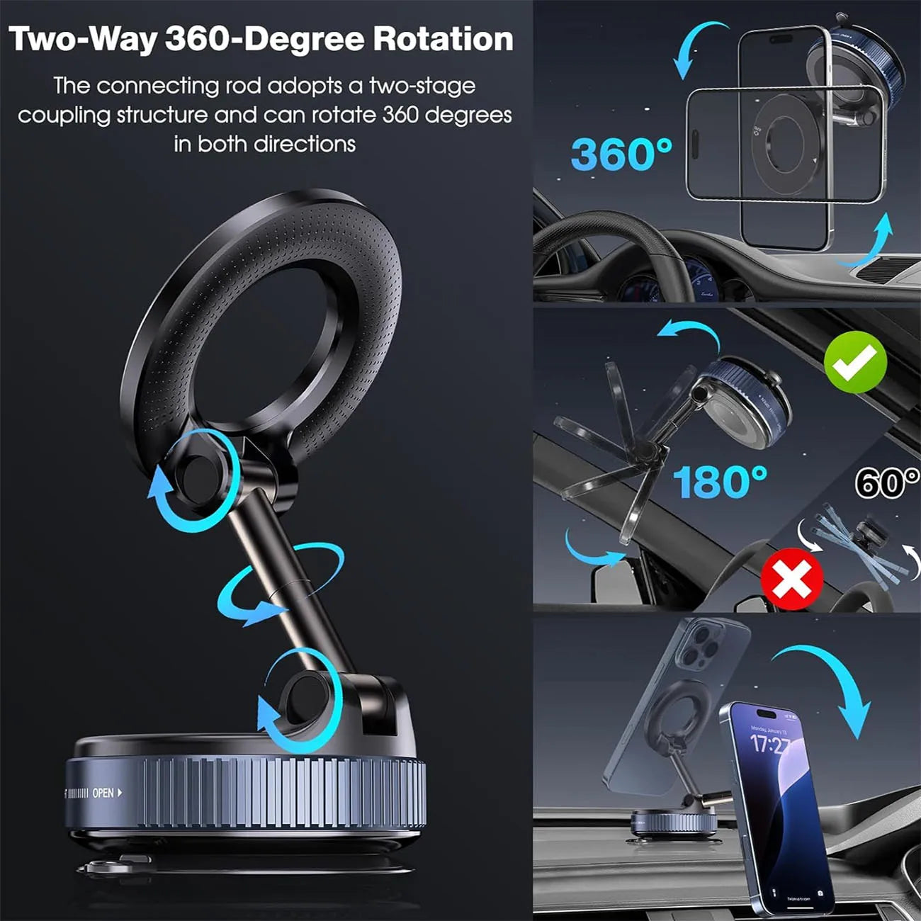 Upgraded Aluminum Alloy Vacuum Magnetic Car Phone Holder with 360° Rotation & Foldable Design Strong Magnetic Absorption