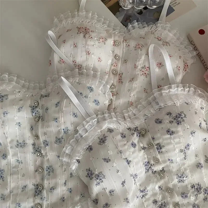 Korean Women Lace Tank Tops Back-beautiful Underwear Summer Floral Tube Tops French Wood Ear-hem Camisole ropa de mujer