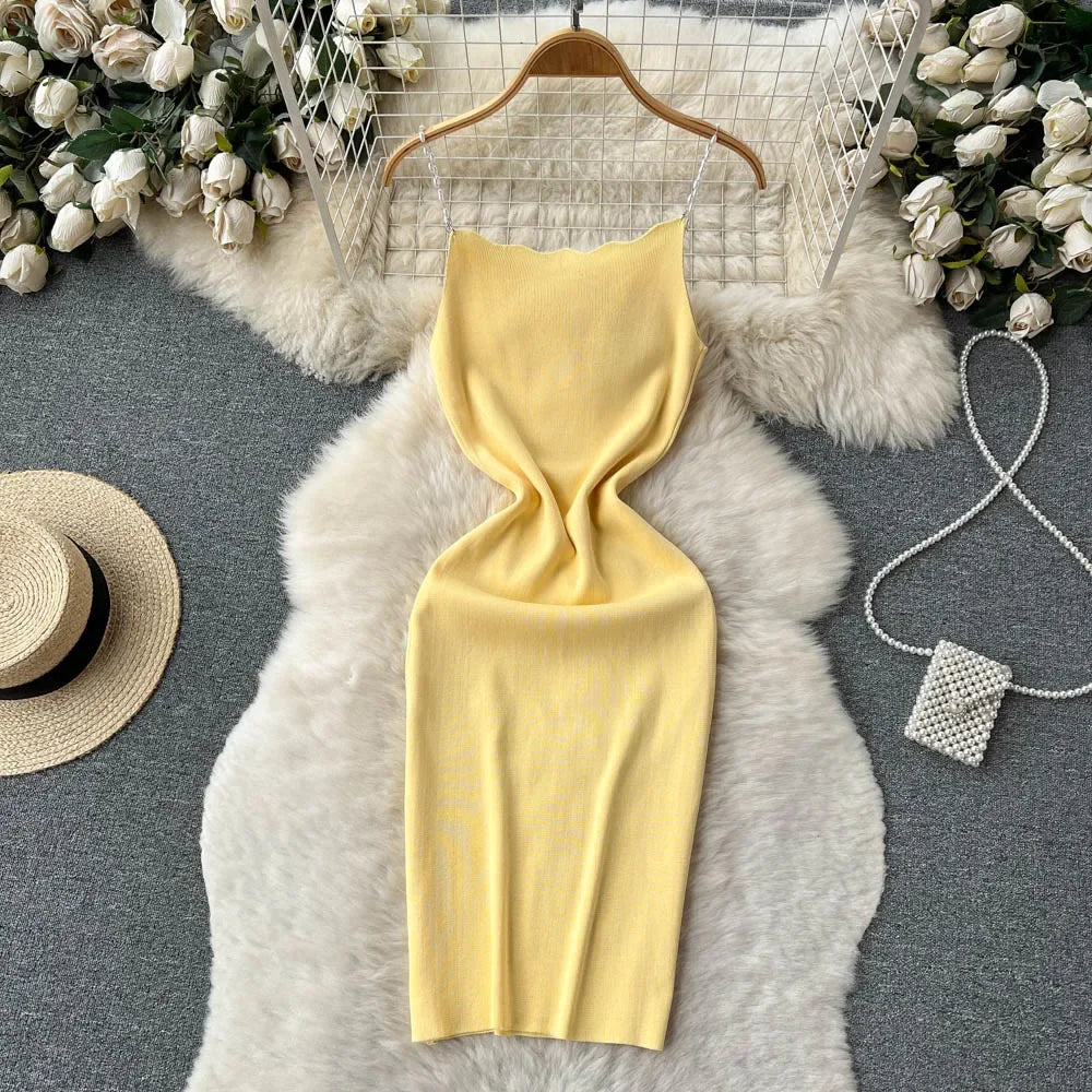 Sexy Knitted Dress Women Strap Bodycon  Elastic Solid French 2026 Elegant Slim Mini Short Dress Outfits