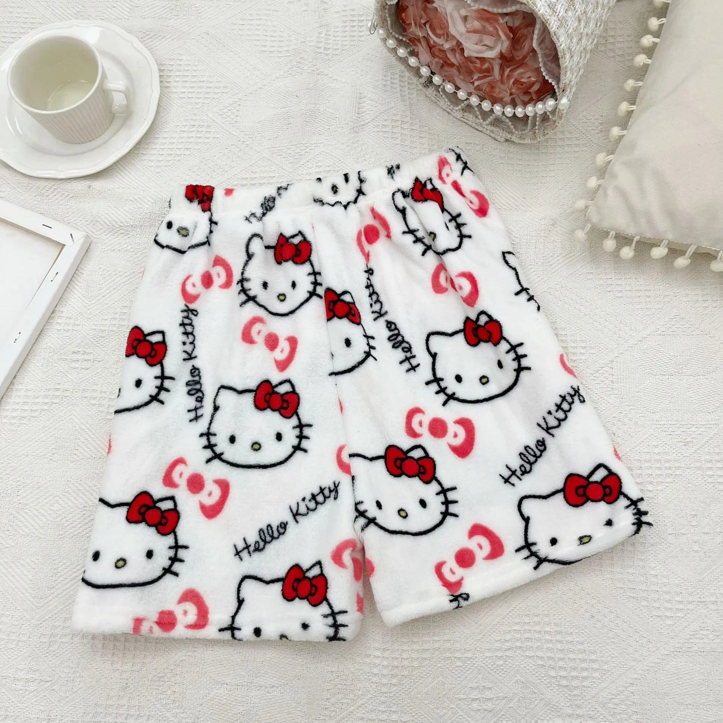 Sanrio Hello Kitty Anime Y2k Kawaii Flannel Pajamas Women'S Warm Woolen Cartoon Casual Home Pants Autumn Winter Fashion Trousers
