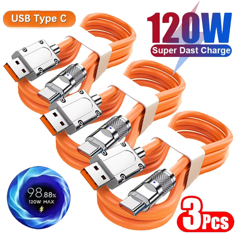 3PCS 120W Super Fast Charge Type-C Liquid Silicone Cable Quick Charge USB C Lines For Xiaomi Huawei Samsung USB Phone Data Wire