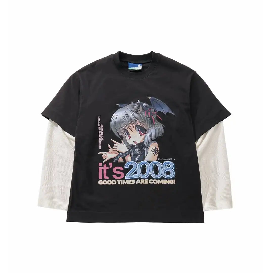 Kawaii Harajuku Y2K Streetwear Anime Graphic Tops Women Casual Round Neck Long Sleeve T-shirt Gothic Retro Fake Two-piece Men