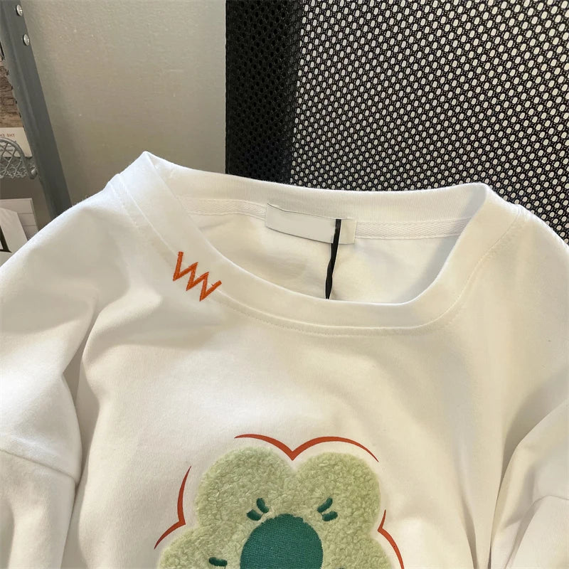 Retro High Street Short Sleeve Women Fashion Top 3D Flowers Flocking Graphic Tee Vintage Clothes Woman Designer Top 4XL 150KG